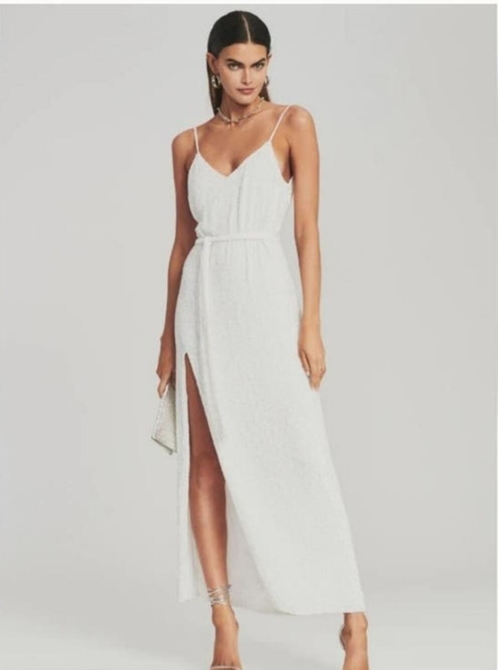 Retrofete Rebecca Sequin Maxi Dress in White Size Large NWT Sleeveless Belt